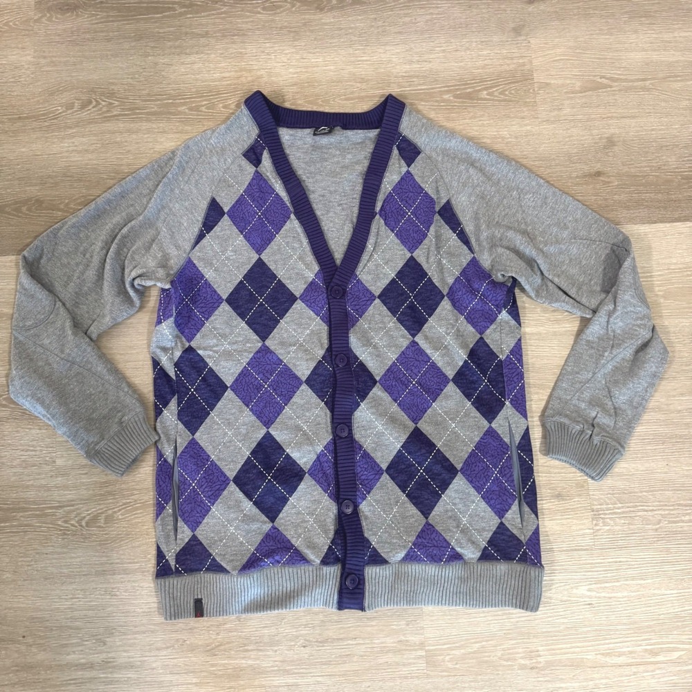 Jordan Cardigan Mens XXLT Gray Purple Argyle Elephant Print Button Up Sweater